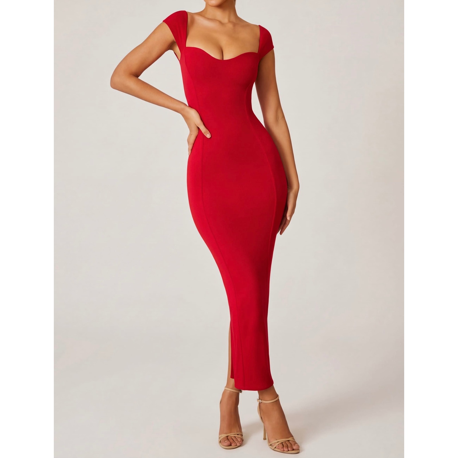 Oh Polly Red Sweetheart Neckline Bodycon Maxi Dress Cap Sleeve Back Slit Us 0